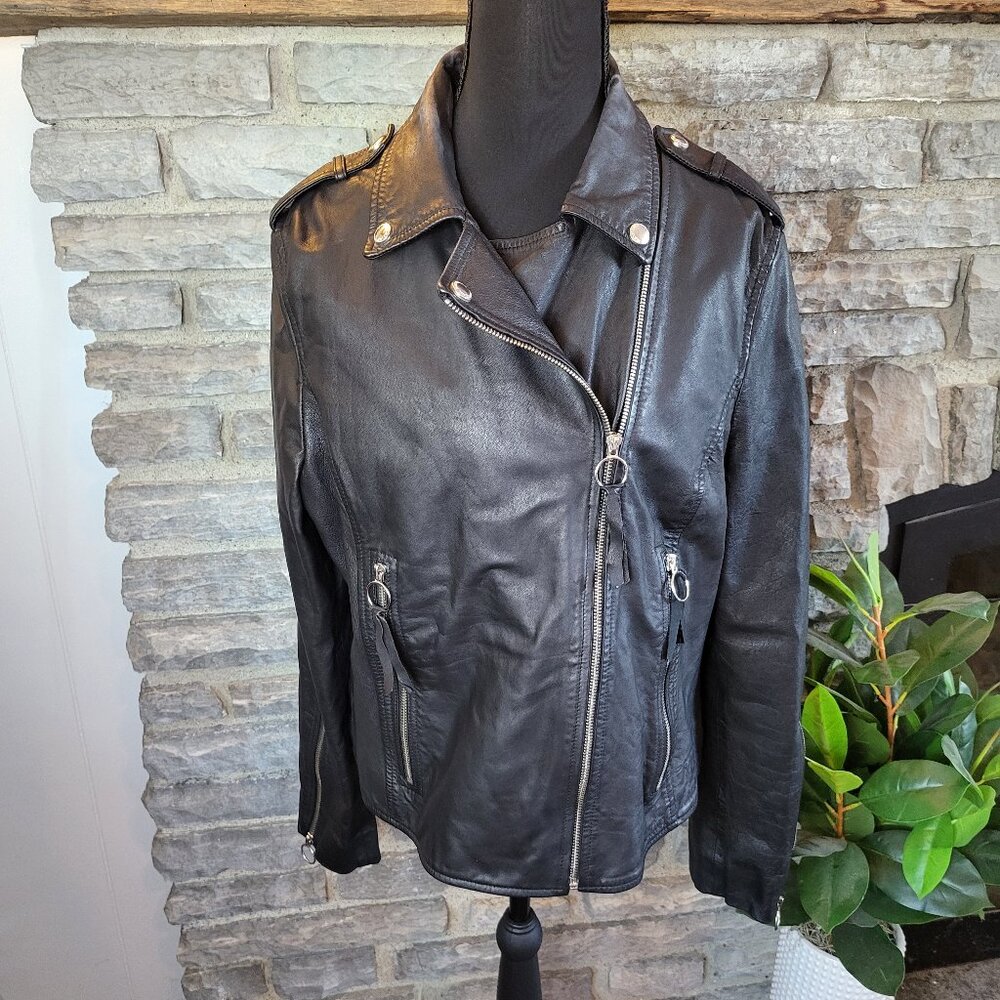 Sam Edelman Moto Biker Zip Cuff Black Jacket Leather Texture Womens Large
